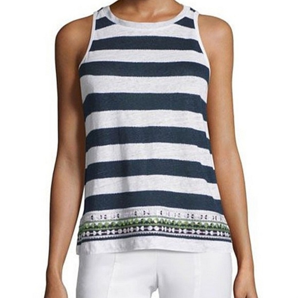 Tory Burch Jacki Linen Stripe Tank Top Embellished Hem White Navy shirt